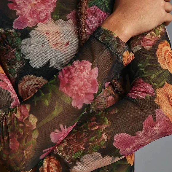 Anthropologie Porridge Kona Mock Neck Floral Mesh Long Sleeve Shirt Size Medium - Picture 5 of 12